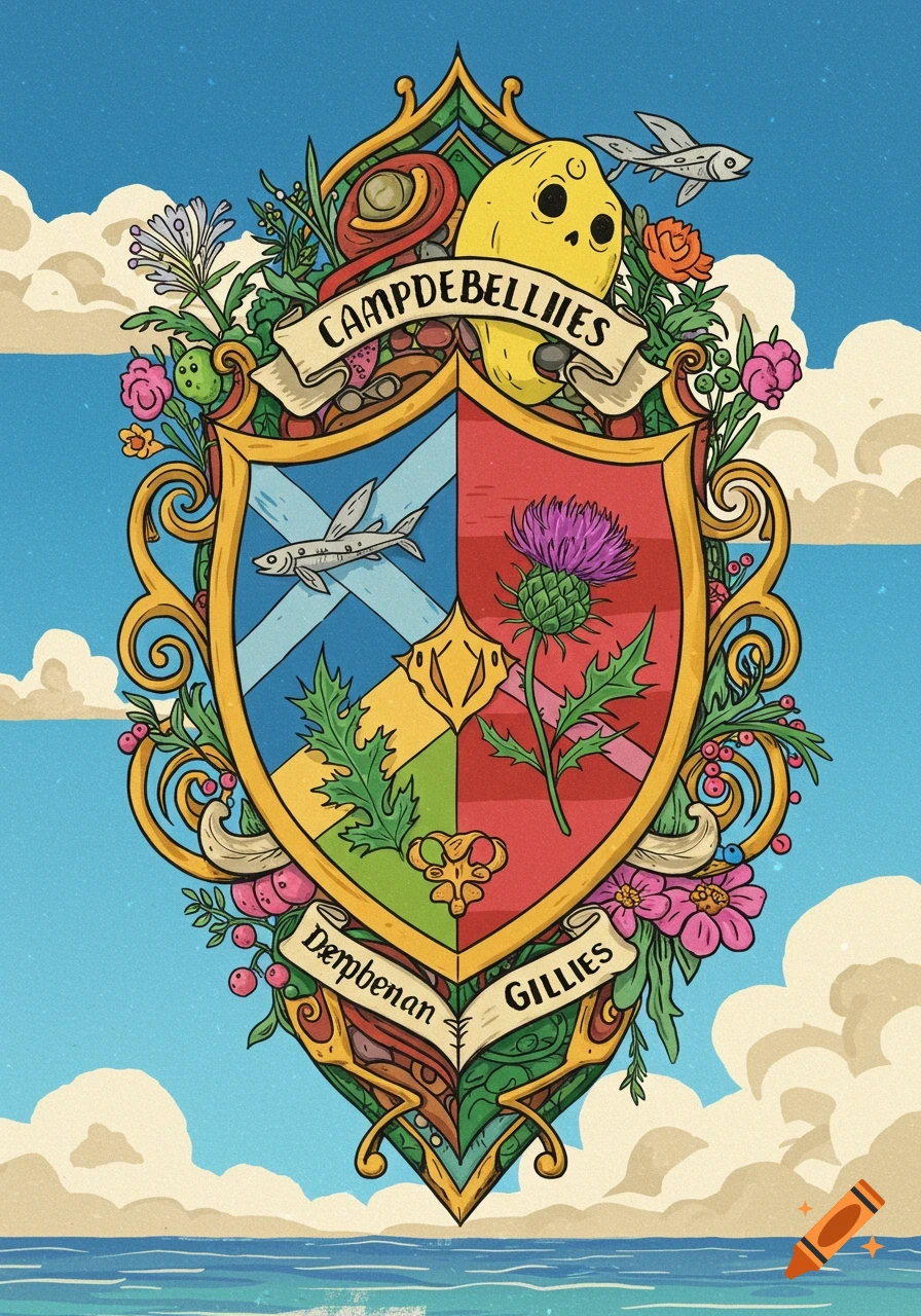 A colorful, whimsical coat of arms or crest against a blue sky with clouds and ocean. It features a stylized shield with a Scottish flag, a thistle, a flying fish, and a lemon character with eyes. Banners read 'CAmpDEBElliES', 'DEmpbenan', and 'GILLIES', surrounded by flowers and plants.