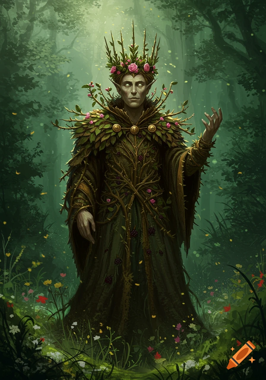 A regal, gaunt nature spirit with a thorny costume, leafy cape, and rose crown stands in a magical, lush forest.