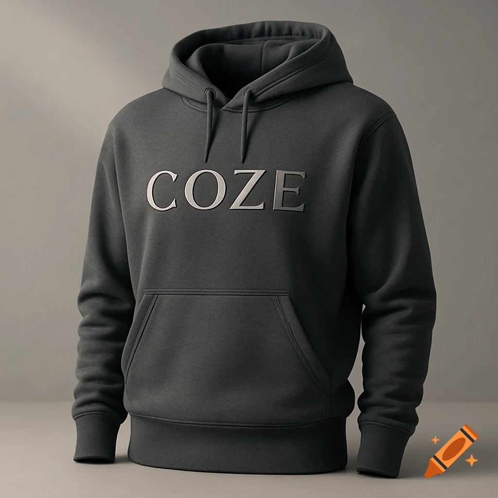 Dark gray hoodie with the word 'COZE' in metallic silver lettering on the chest.