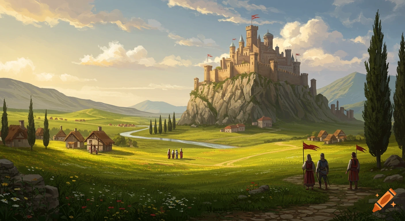 A vibrant painterly landscape featuring a medieval castle on a rocky hill, a river, and a village under a cloudy sky.