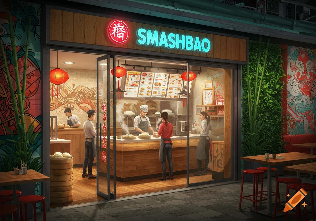 A vibrant street view of a "Smashbao" restaurant with a bright neon sign, customers, and staff inside.