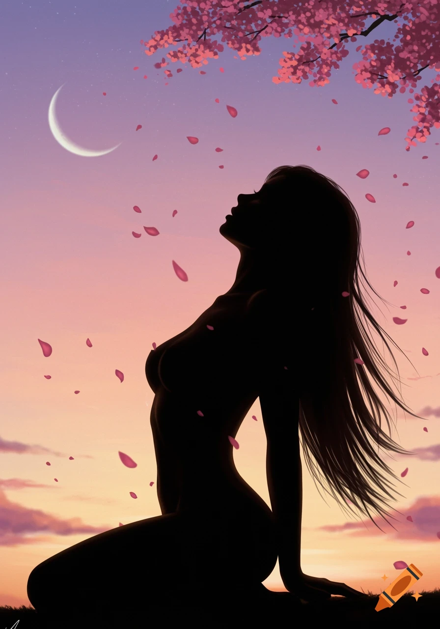 A silhouetted woman kneels, looking up at a crescent moon in a sunset sky with falling cherry blossoms.