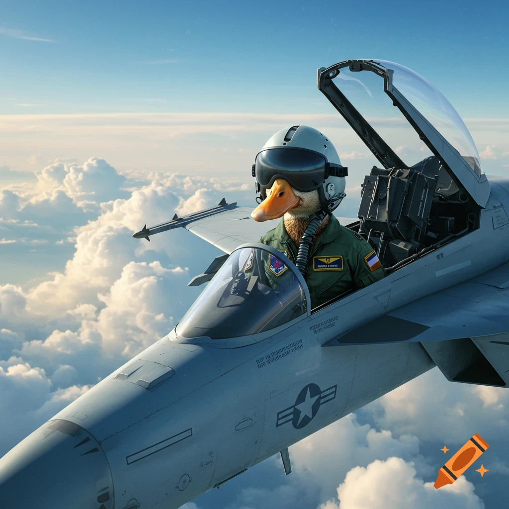 A photorealistic duck wearing a pilot's helmet and flight suit, piloting an F-18 fighter jet through a cloudy sky.