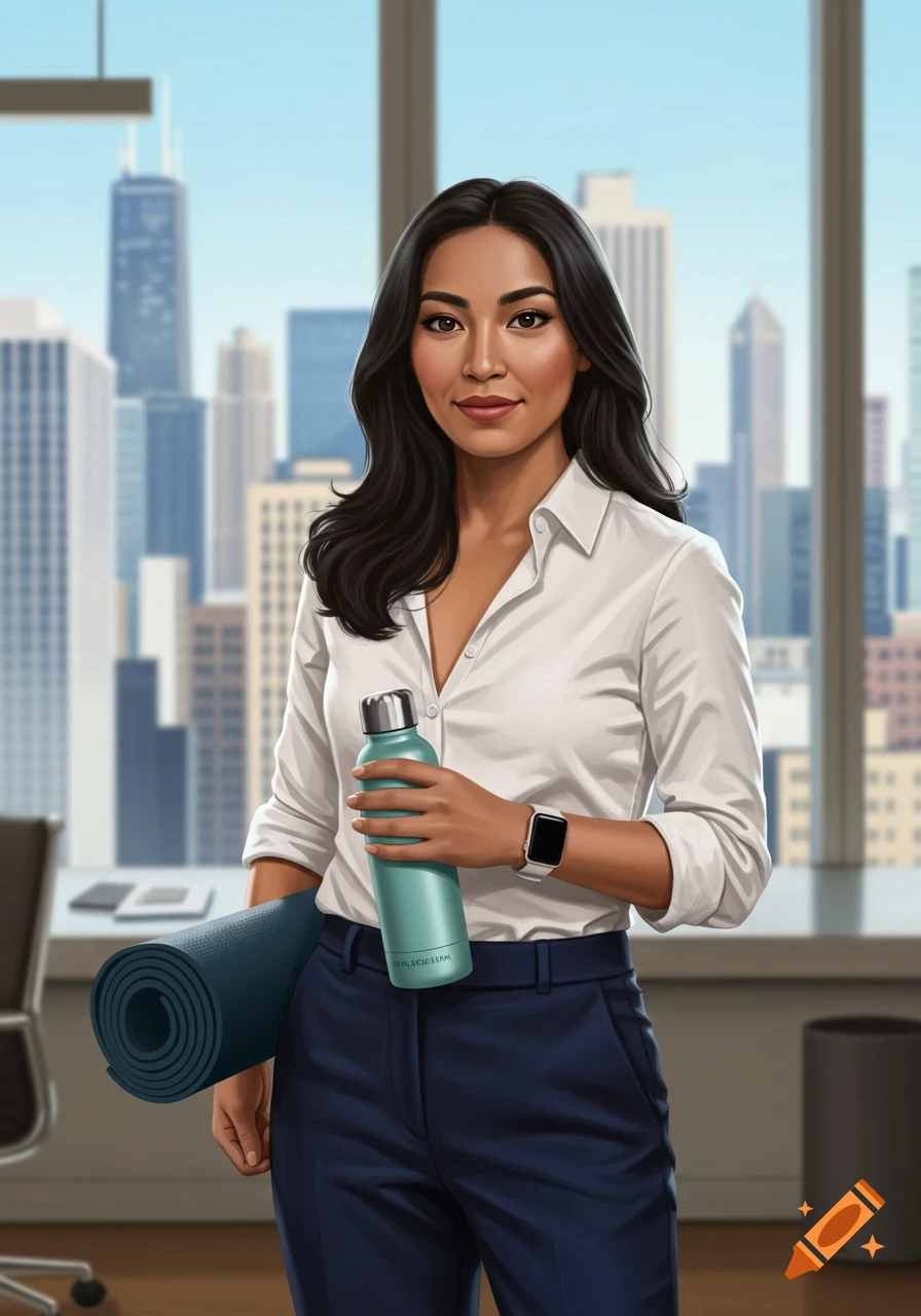 A confident Latina woman in business casual attire holds a water bottle and yoga mat in an office with a cityscape view.