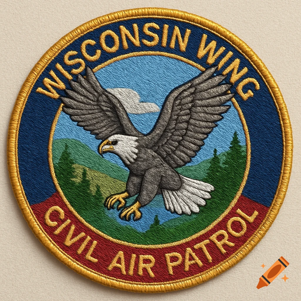 A circular embroidered patch featuring a bald eagle in flight against a blue sky and green mountains, with "WISCONSIN WING" and "CIVIL AIR PATROL" text.