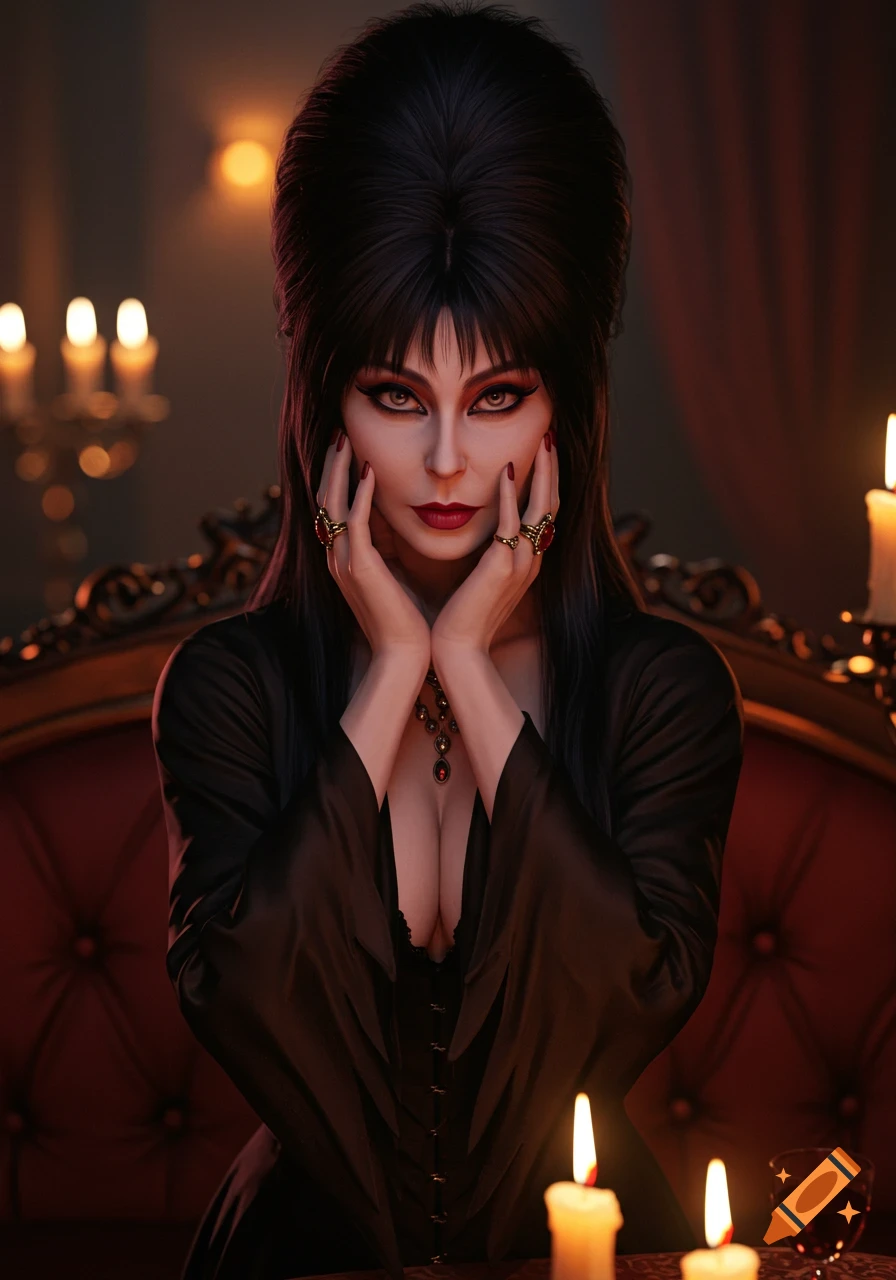 Photorealistic portrait of Elvira, Mistress of the Dark, with her hands on her cheeks, seated in a dimly lit, candlelit room.