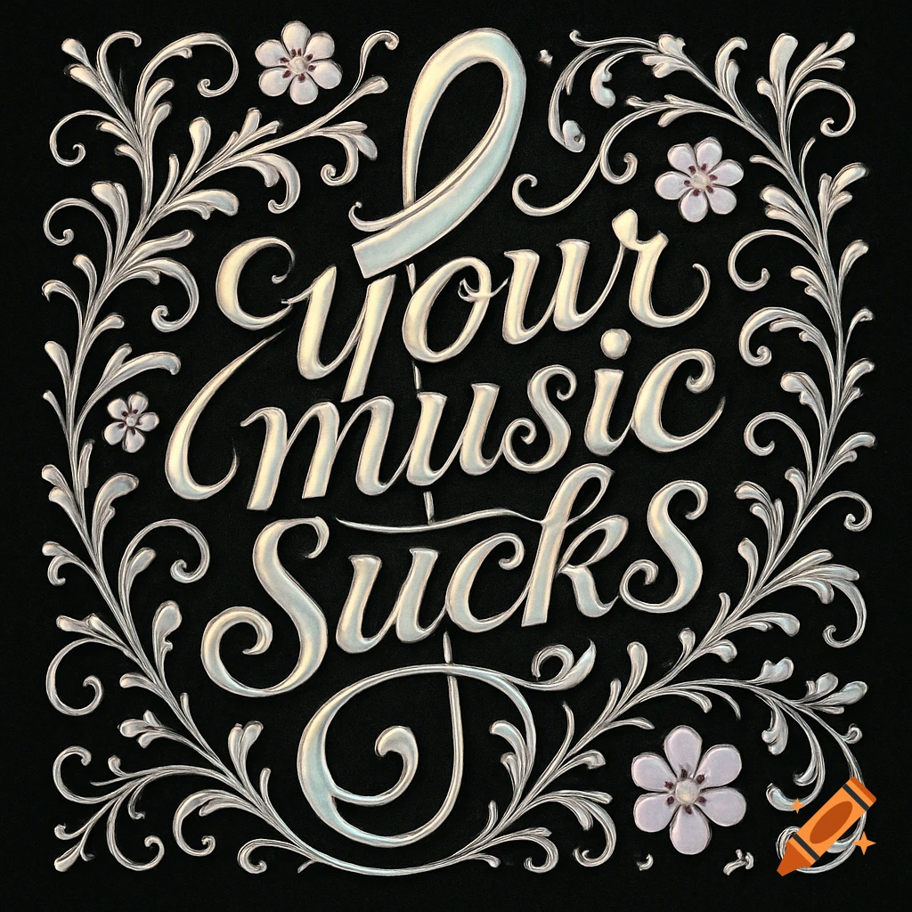 Ornate metallic typography on black, with floral flourishes, reading 'I your music Sucks'.