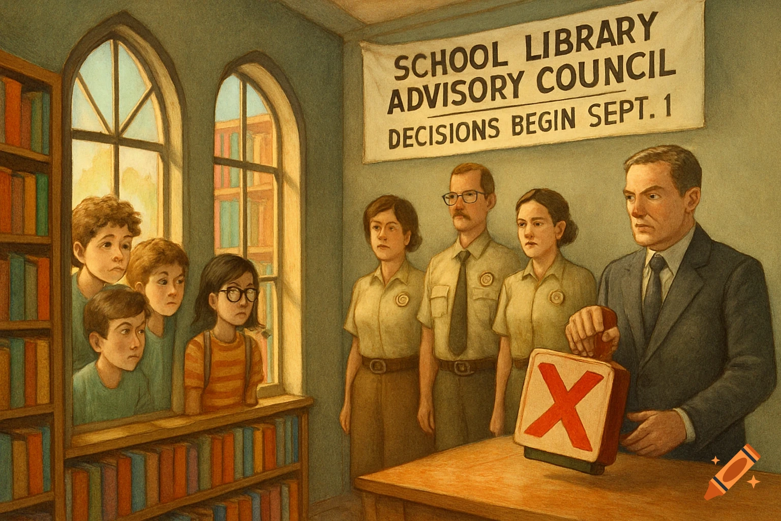 A painted illustration of students observing a school library advisory council meeting with an oversized red X stamp.