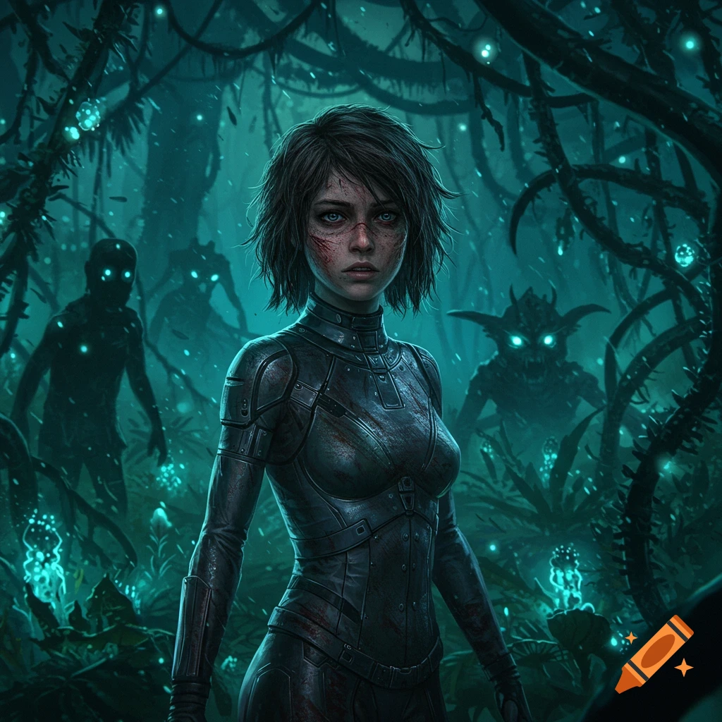 A young woman in dark tactical gear with a scratched face stands wary in a dark, bioluminescent alien jungle with shadowy monsters.