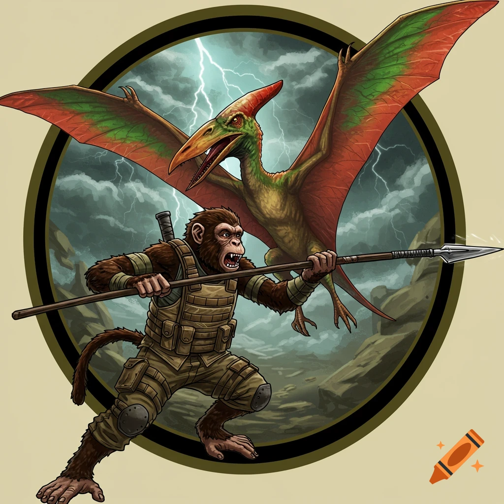 A fierce monkey in military gear holds a spear, ready to attack a flying pterodactyl, against a stormy sky background within a circular patch frame.