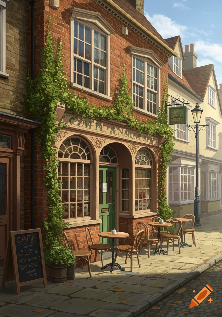 A charming brick cafe with arched windows and a green door, adorned with climbing ivy, sits on a cobblestone street with outdoor tables and a chalkboard sign.