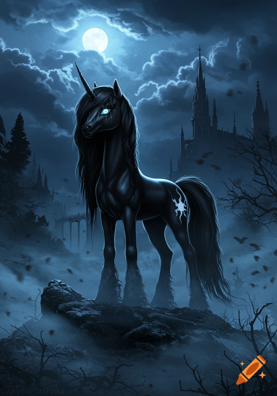 A black gothic unicorn with glowing blue eyes stands on a rocky outcrop under a full moon, with a dark castle in the misty background.