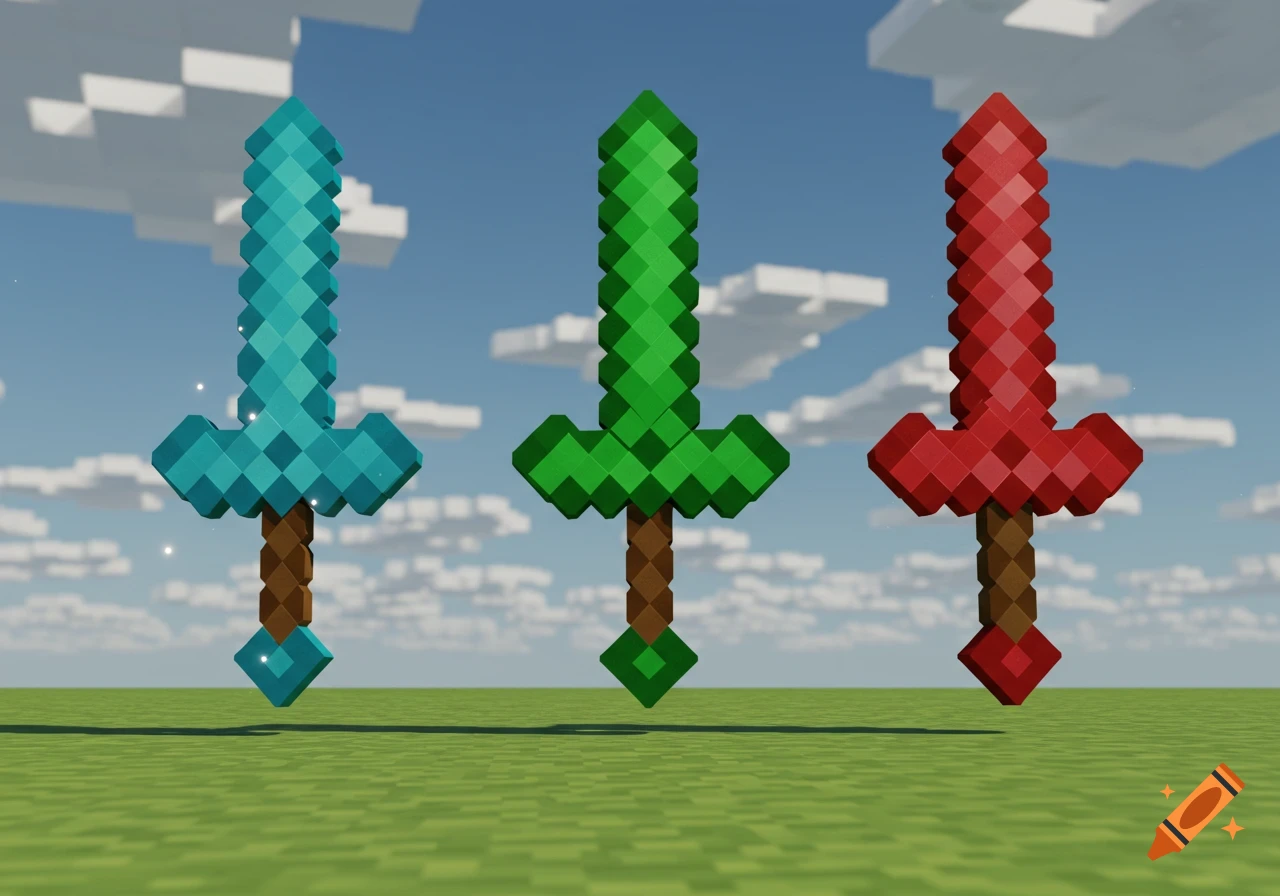 Three pixelated swords in Minecraft style, one blue, one green, and one red, float above a grassy blocky ground with blocky clouds in a blue sky.