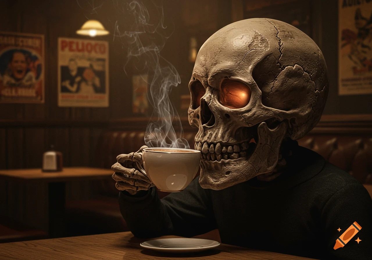 A photorealistic skull with glowing eyes sits in a cafe, drinking a steaming cup of coffee.