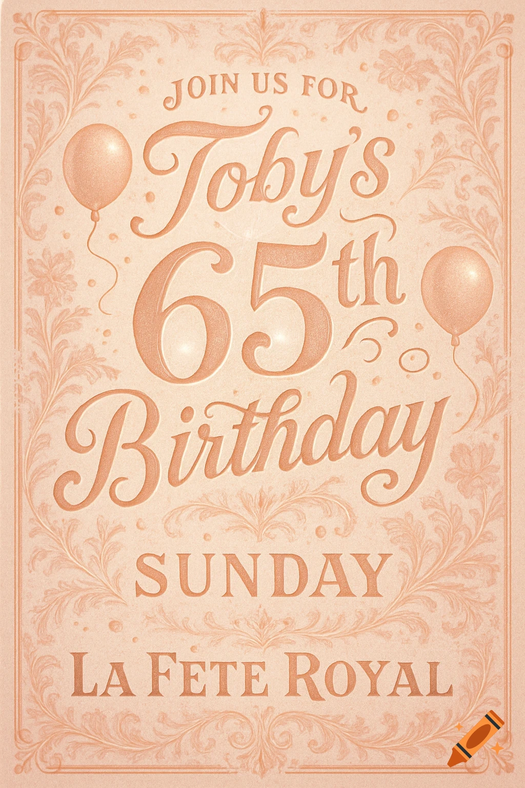 An elegant rose gold birthday invitation for Toby's 65th birthday on Sunday at La Fete Royal, with decorative fonts and floral embellishments.