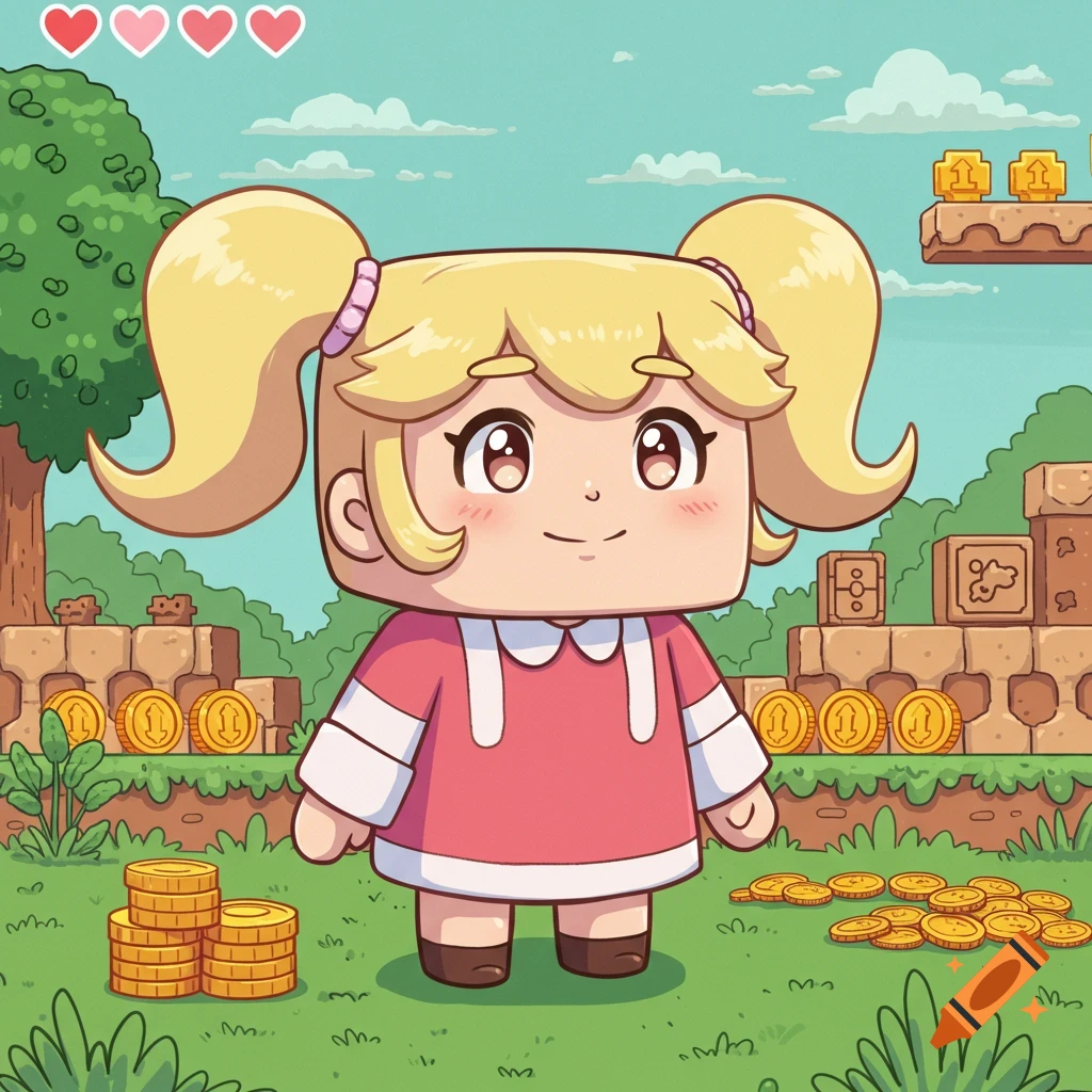 A cute, blocky, blonde cartoon girl with pigtails stands in a 2D video game landscape with coins, blocks, and a tree.