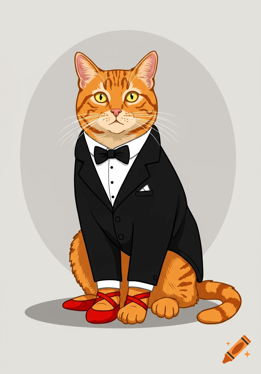 An orange tabby cat wearing a black tuxedo and red ballet flats, sitting. Illustration.