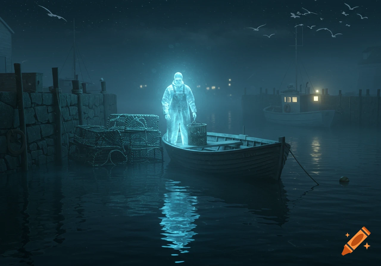 An ethereal blue ghost of a fisherman stands in a small wooden boat in a misty, dark harbor at night with other boats and seagulls.