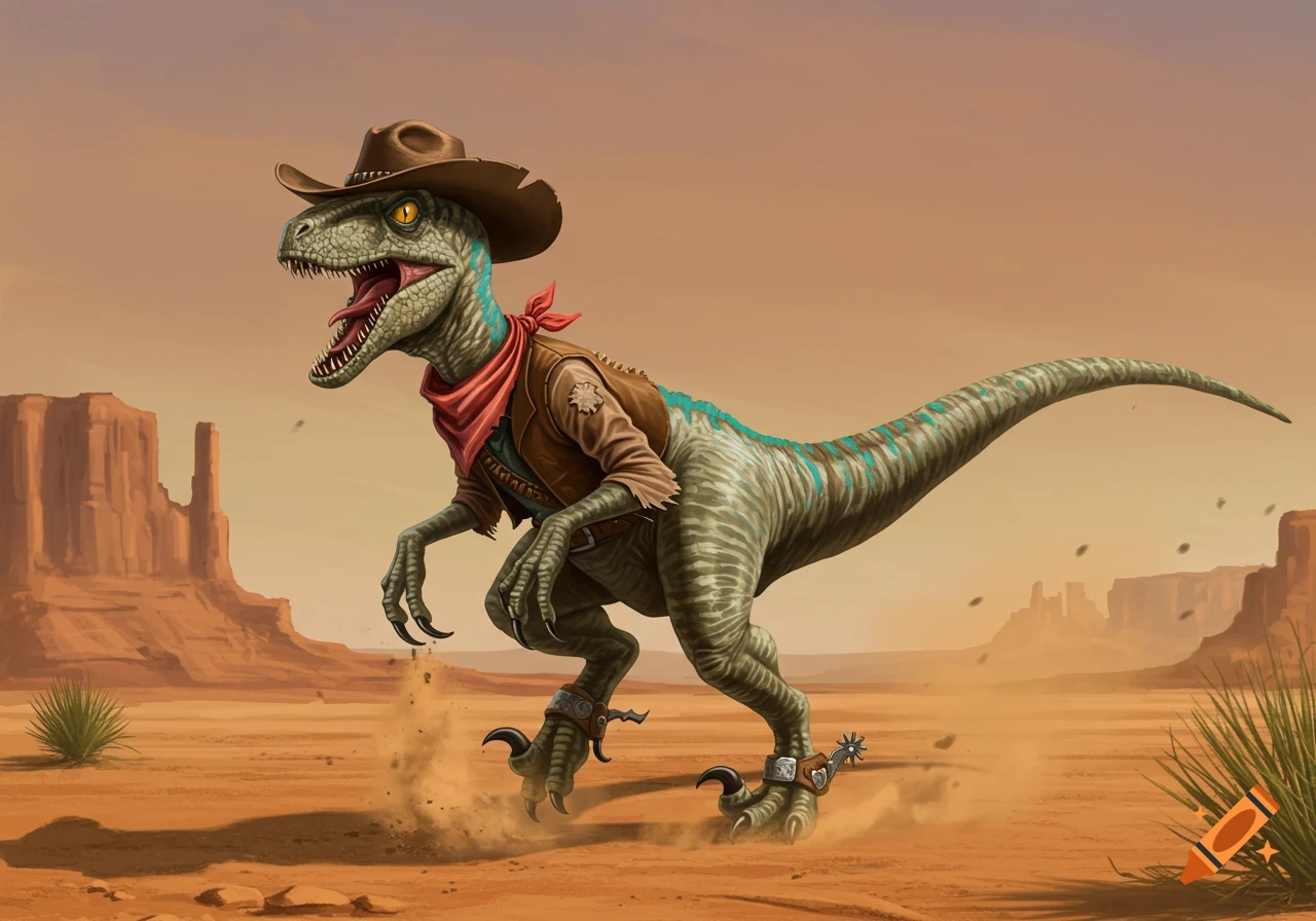 An illustrated velociraptor in a cowboy hat, vest, and spurs runs through a desert landscape with mesas.