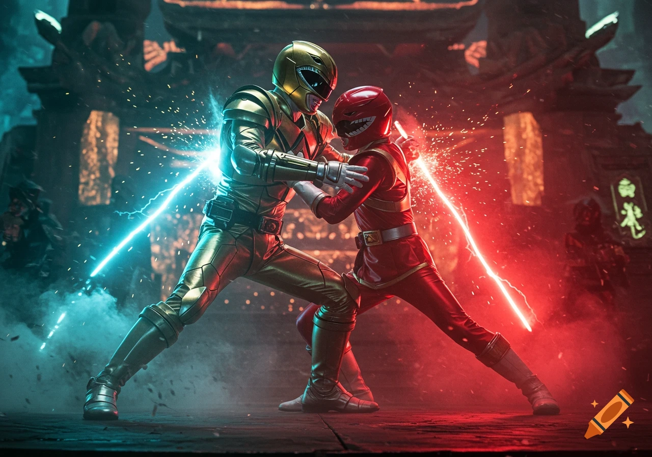 Gold and red armored figures in a dynamic struggle, surrounded by blue and red energy sparks in a dark, temple-like setting.