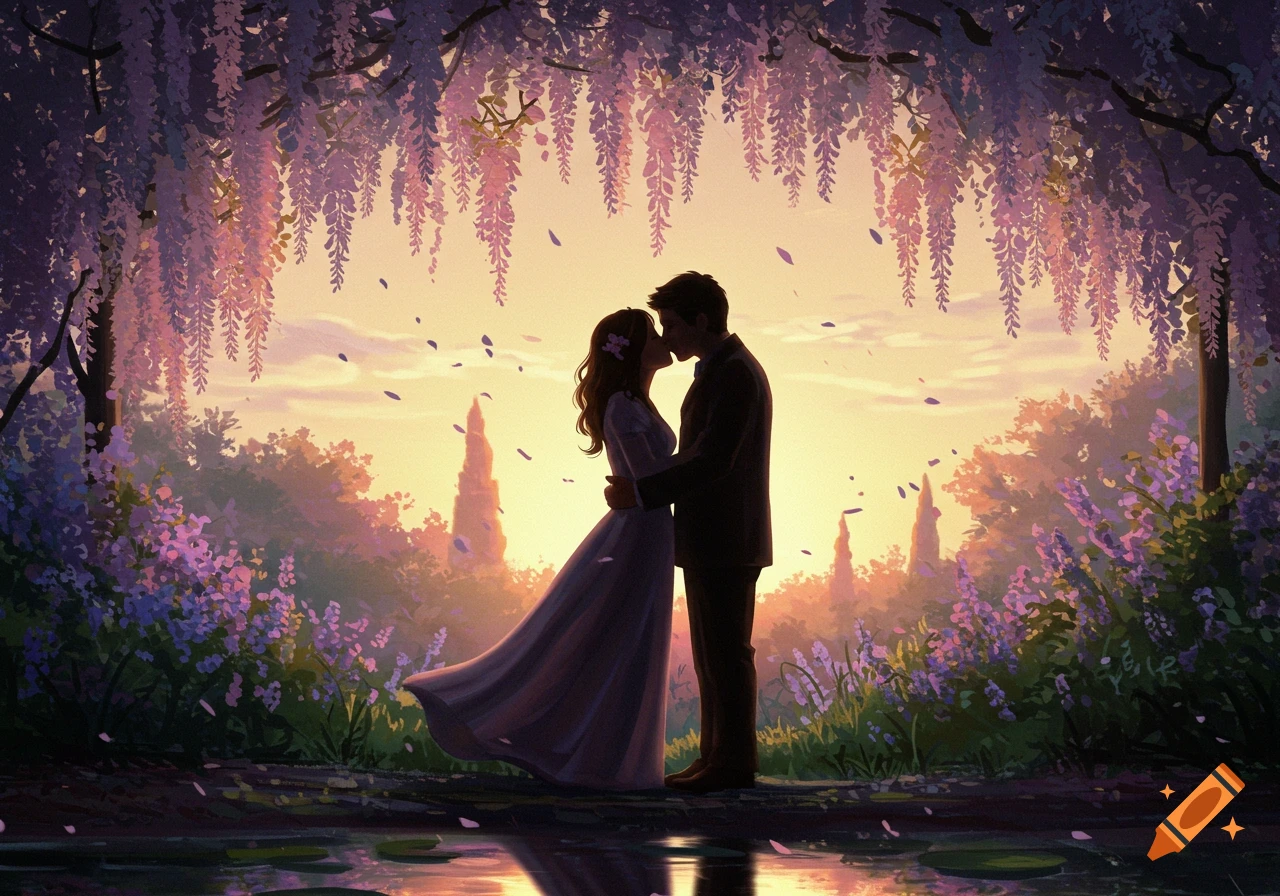 Illustrated romantic scene of a couple kissing under purple wisteria flowers at sunset, with reflections in water.
