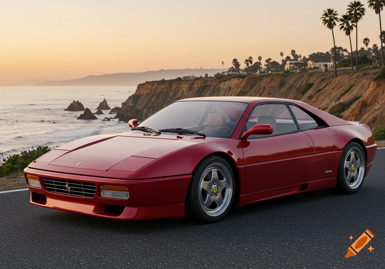 A red Ferrari sports car parked on a road overlooking a beautiful ocean coastline at sunset.