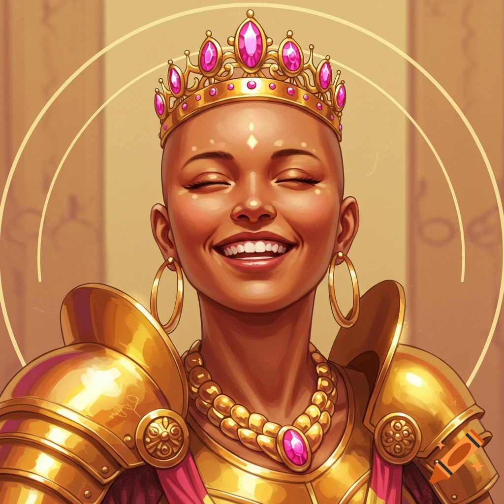 Illustration of a smiling woman with a shaved head wearing a golden crown with pink gems and ornate gold armor.