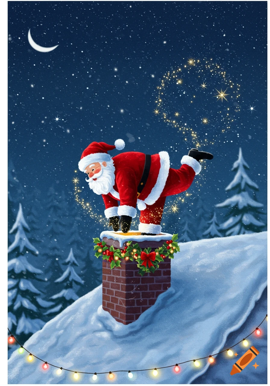 Santa Claus in a yoga pose on a snow-covered chimney decorated with holly under a starry night sky, illustration.