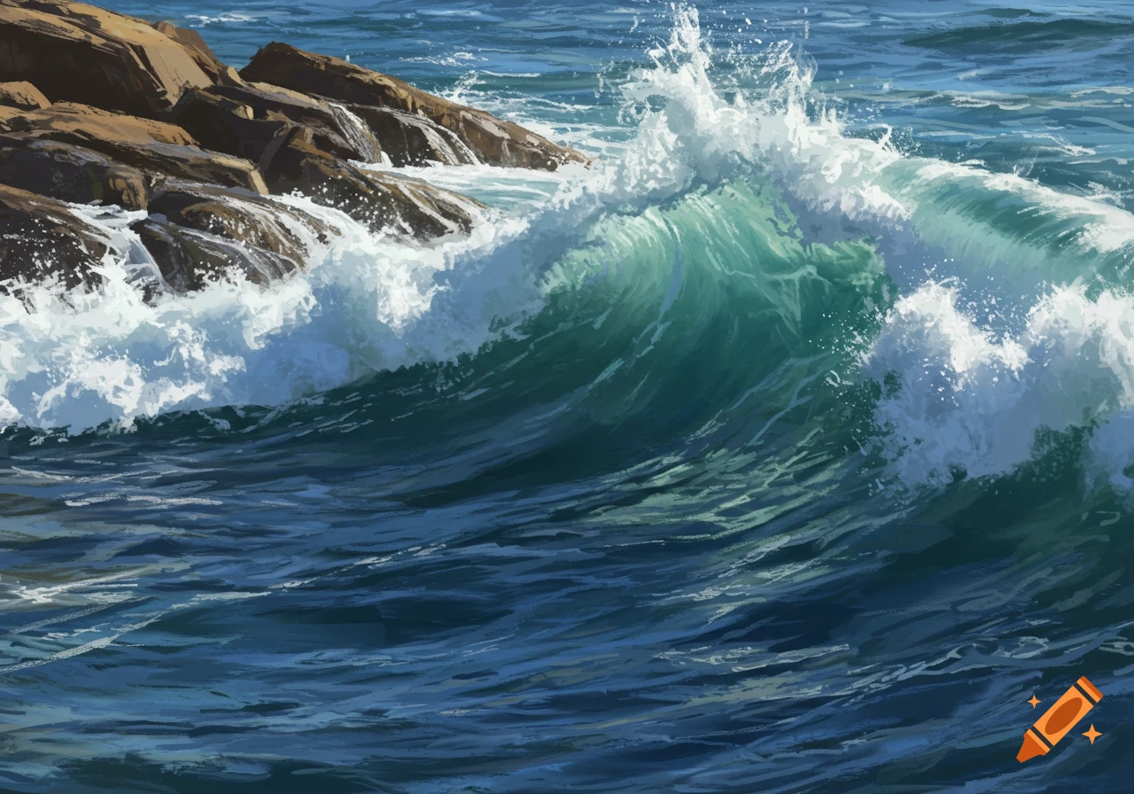 A large ocean wave crashes against rocks in an illustrated style, with white foam and blue-green water.