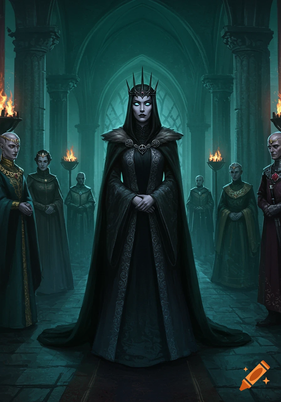 A dark fantasy illustration showing a queen with glowing eyes and a spiked crown, flanked by nobles in a gothic hall lit by torches.