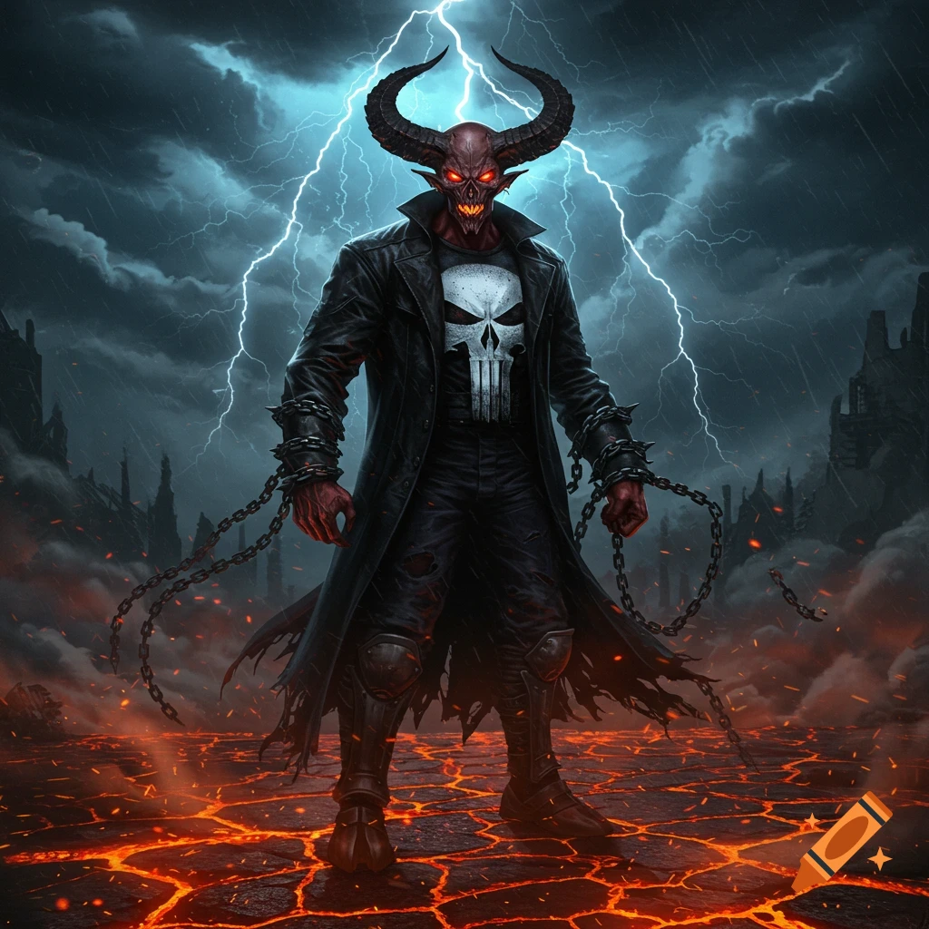 A demonic figure with red skin, horns, and glowing red eyes, wearing a black trench coat with a skull logo, stands on a fiery landscape under a lightning storm.