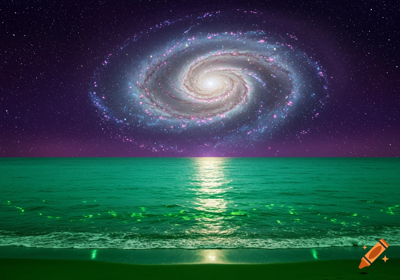 A vibrant spiral galaxy dominates a deep purple night sky over a tranquil green ocean with a reflective path on the water and a green beach.