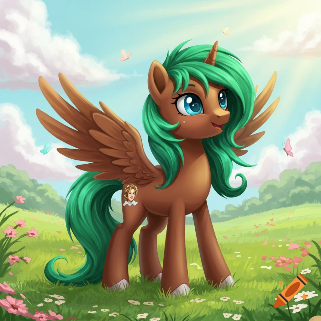 A brown My Little Pony-style unicorn with green mane, blue eyes, and wings stands in a flowery field under a sunny sky.