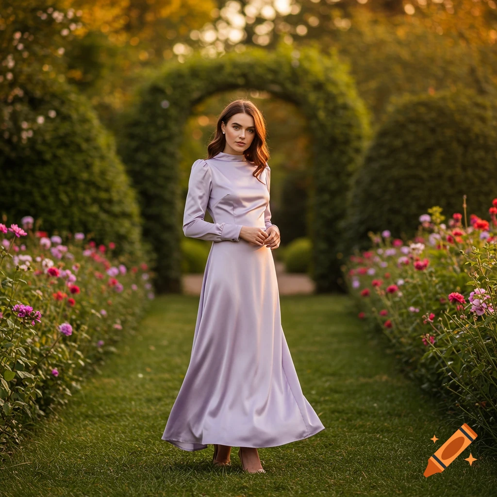 Photorealistic portrait of a woman in a long lilac dress standing on a grassy path in a lush garden.