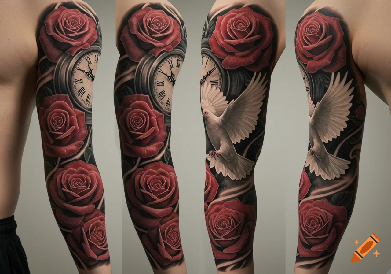 A photorealistic tattoo sleeve on an arm featuring vibrant red roses, detailed pocket watches with Roman numerals, and a white dove in flight against a dark background.