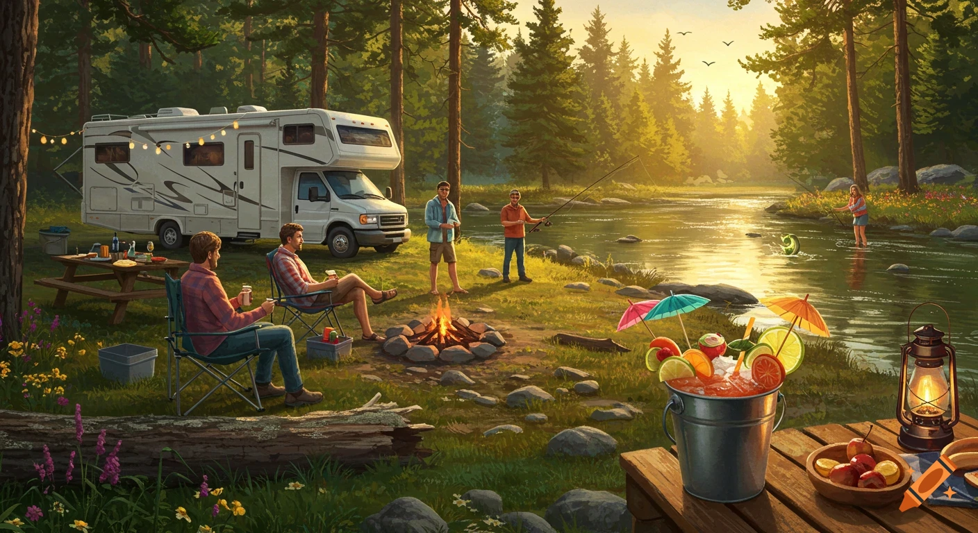 Digital painting of campers enjoying a sunset by a river with an RV, campfire, fishing, and a fruit cocktail.