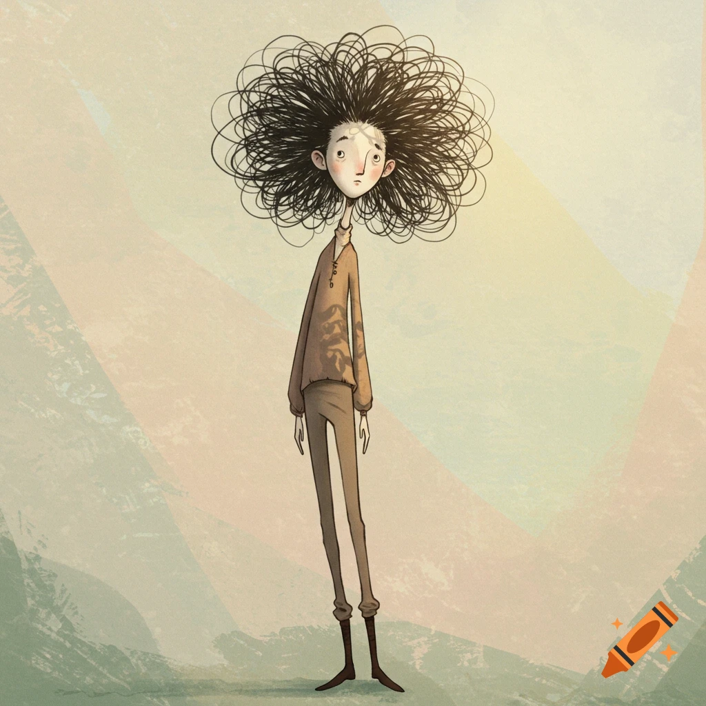 A whimsical illustration of a tall, thin character with a large mop of messy black hair and small facial features, standing against a textured, light-colored background.