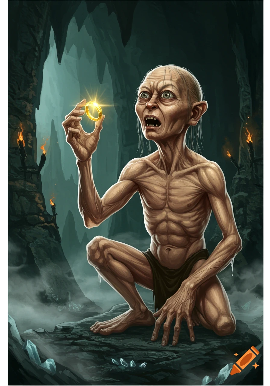 Gollum admires a glowing golden ring while crouching in a dark, cavernous setting with torches.