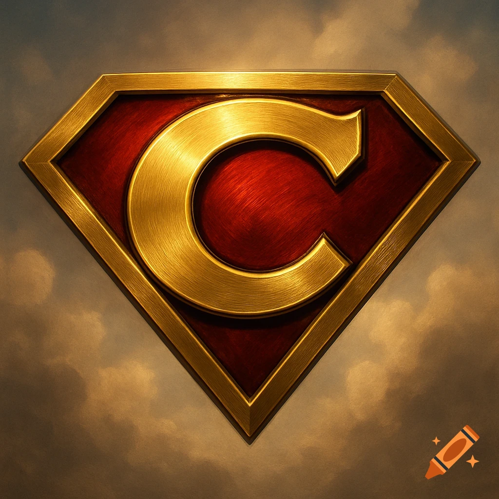 A gold letter C on a red diamond-shaped shield, resembling a superhero logo, set against a cloudy sky.