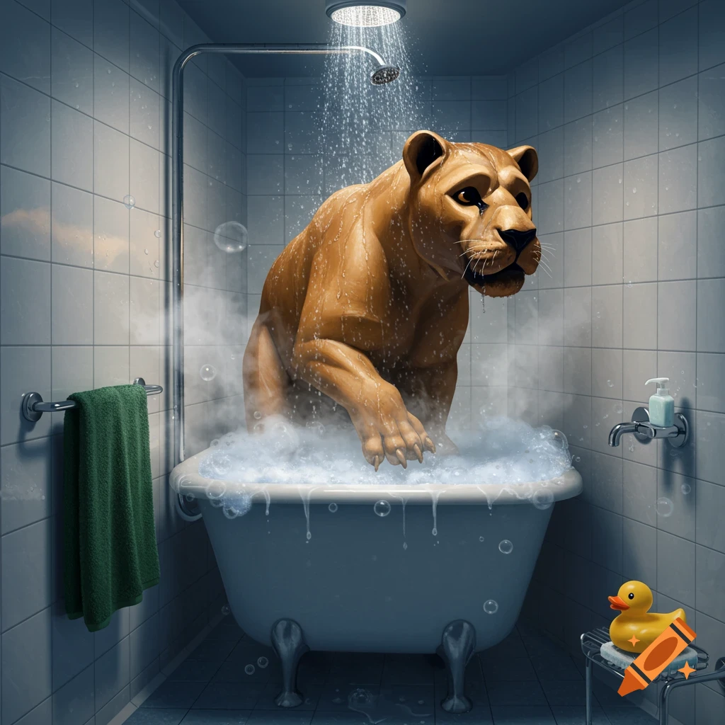 A large brown lion sits in a bubble bath in a bathroom, with water showering down on it from above. A rubber duck sits on a stool nearby.
