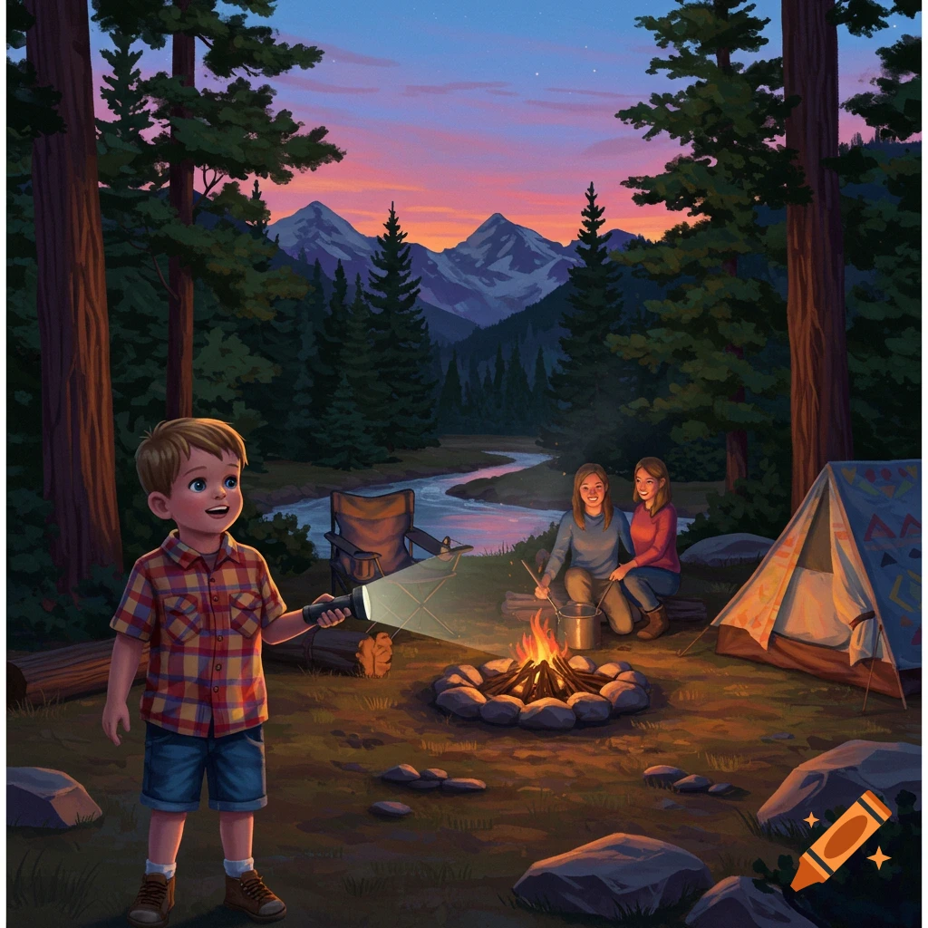 A young boy with a flashlight illuminates a campfire where two women cook. They are camping in a forest with mountains and a river at dusk. Illustrated.