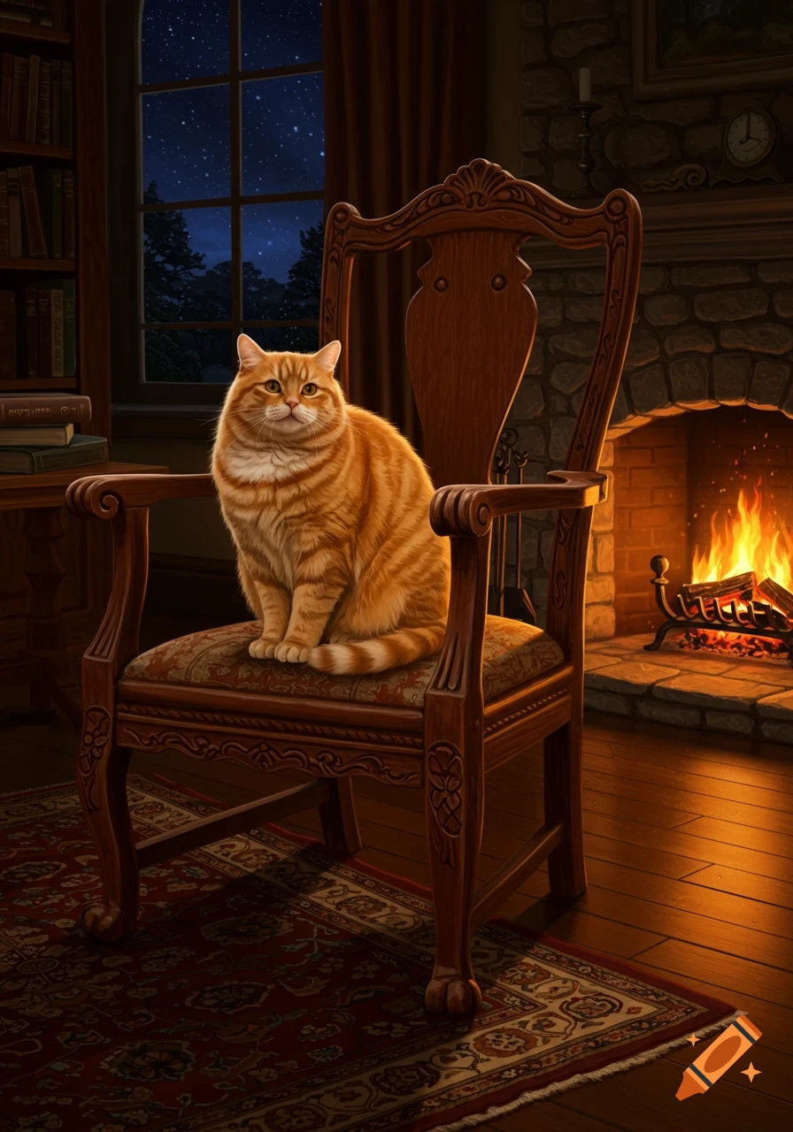 An orange tabby cat sits on a patterned wooden armchair in a cozy room with a lit fireplace, a bookshelf, and a window looking out to a starry night.