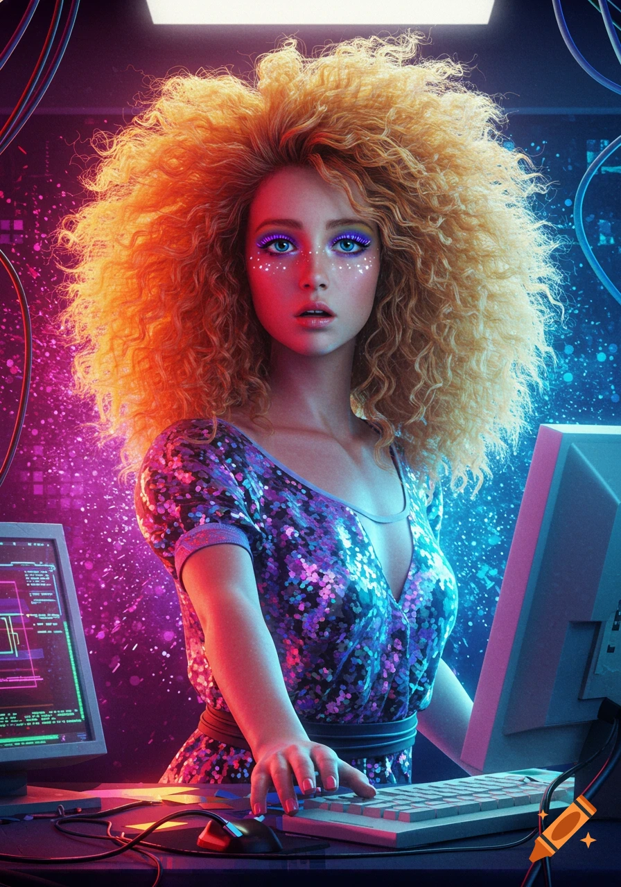 A stylized portrait of a girl with big curly blonde hair, wearing a sequined dress, working on a computer in a neon-lit cyberpunk setting.