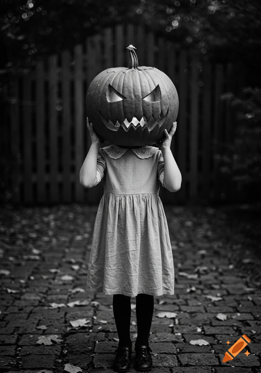 A black and white photo of a child holding a carved pumpkin over their head.