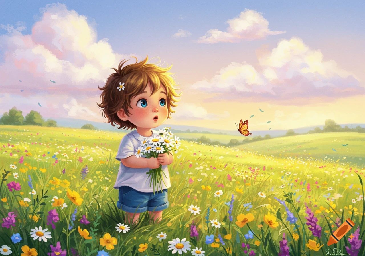 A cute cartoon child with brown hair and blue eyes stands in a vibrant field of wildflowers, holding a bouquet of daisies and looking at a butterfly.