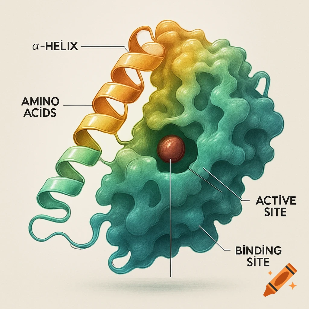 An illustrated diagram of a protein or enzyme molecule, showing an alpha-helix and labeled amino acids, active site, and binding site.