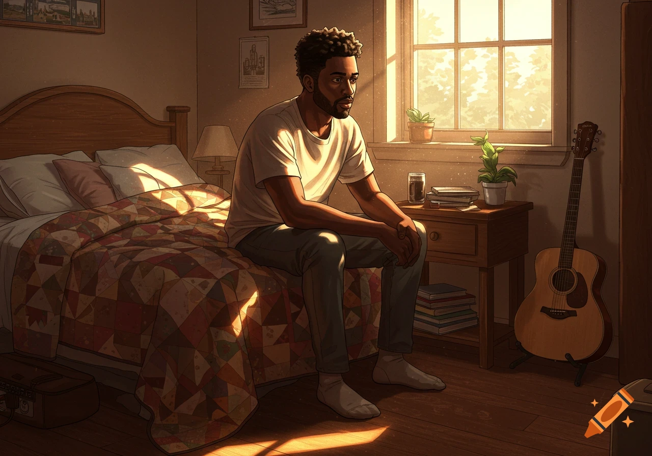 An illustrated young Black man sits on the edge of his bed in a sunlit bedroom, looking contemplative.