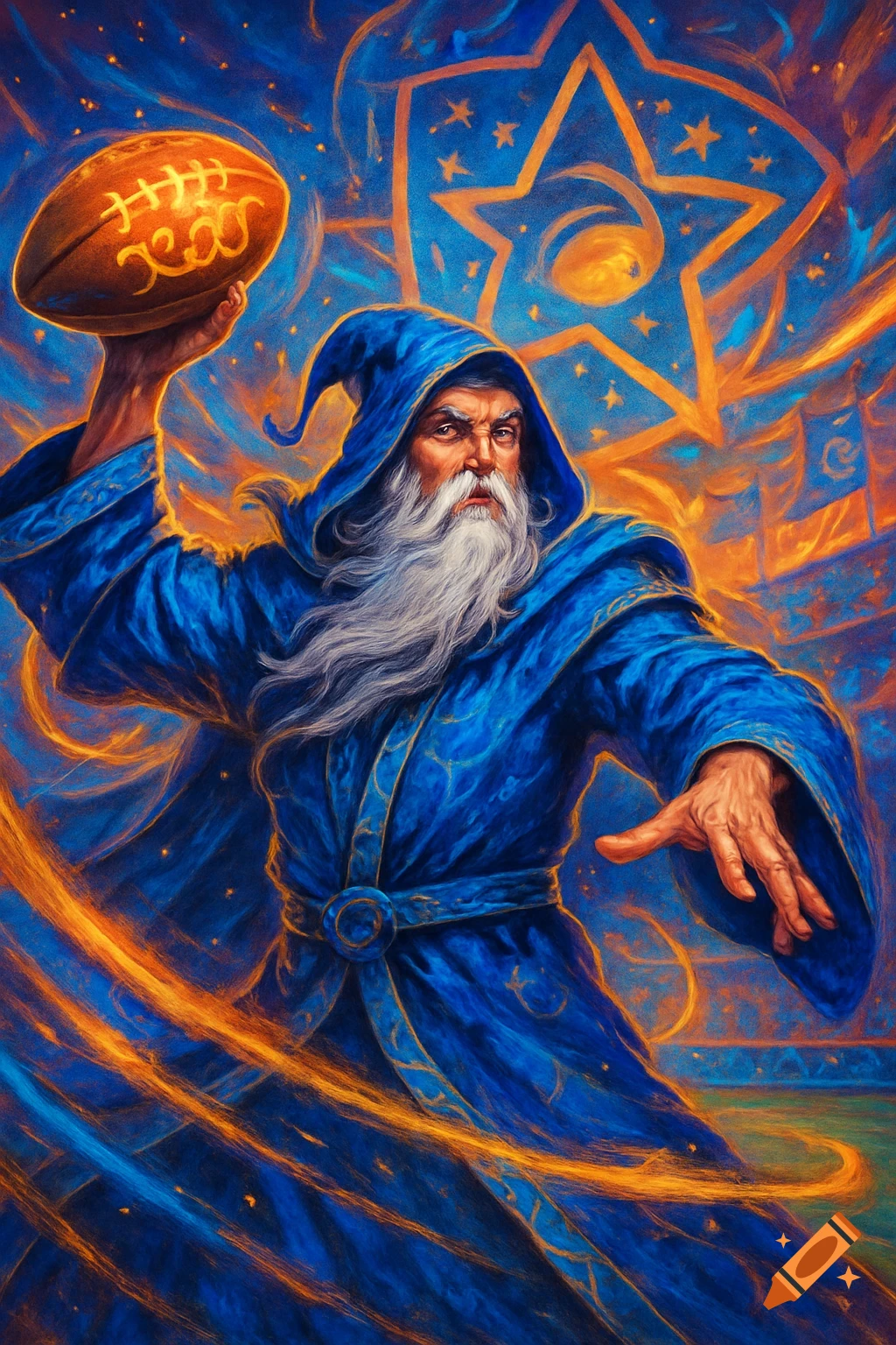 A digital art painting of a wizard in a blue robe holding an American football, with swirling magical energy and stars.
