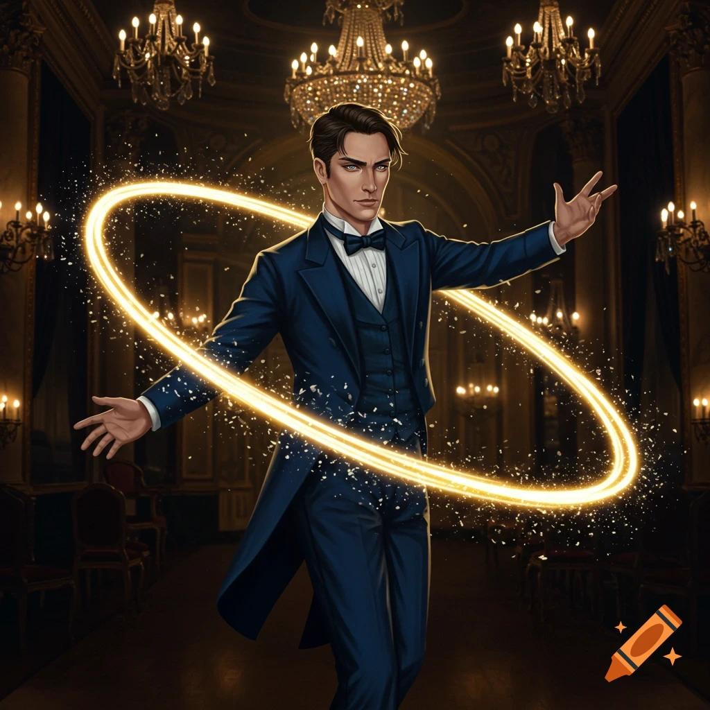 A man in a dark blue suit and bow tie performs magic, conjuring a glowing golden ring in a grand hall with chandeliers.
