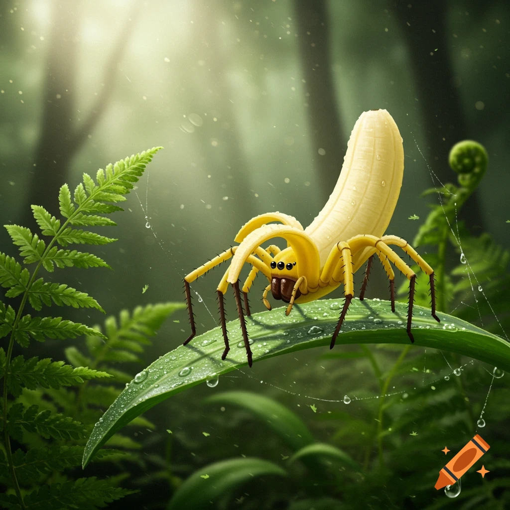 A photorealistic yellow banana spider with brown legs sits on a dewy green leaf in a lush, sunlit jungle.